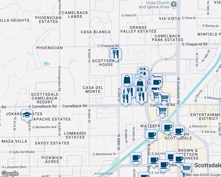 map of restaurants, bars, coffee shops, grocery stores, and more near 4600 North 68th Street in Scottsdale