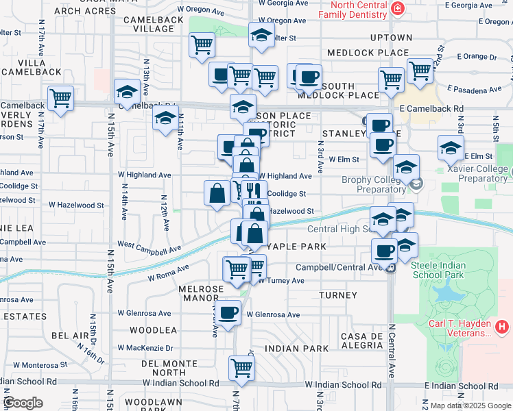 map of restaurants, bars, coffee shops, grocery stores, and more near 640 West Hazelwood Street in Phoenix