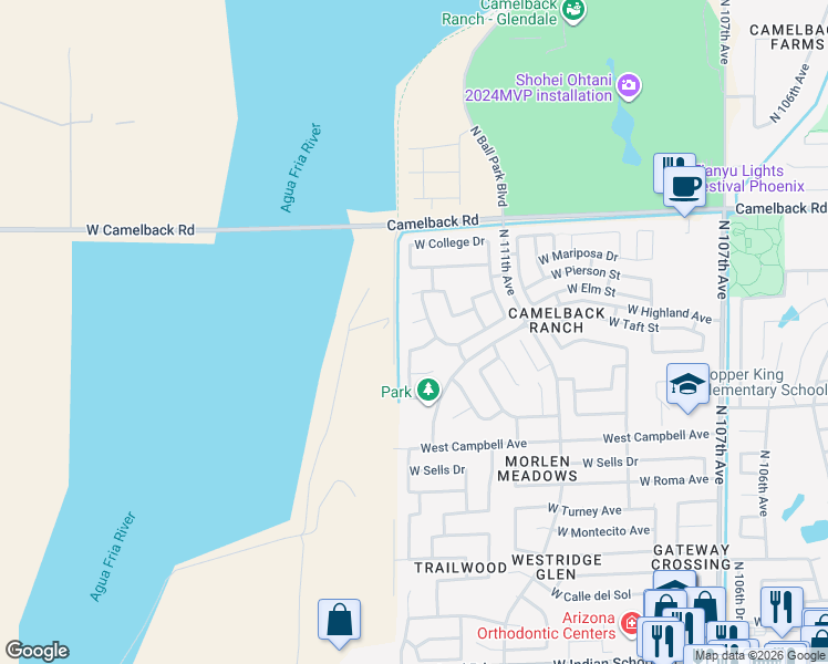 map of restaurants, bars, coffee shops, grocery stores, and more near 11325 West Elm Street in Phoenix