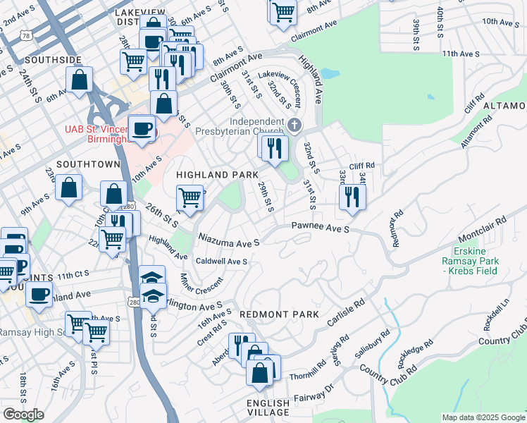 map of restaurants, bars, coffee shops, grocery stores, and more near 2816 13th Avenue South in Birmingham