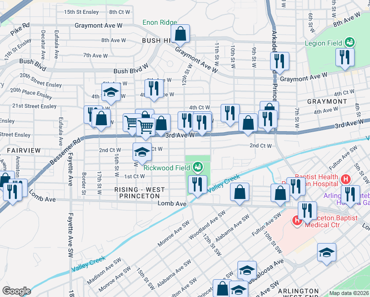 map of restaurants, bars, coffee shops, grocery stores, and more near 1209 2nd Court West in Birmingham