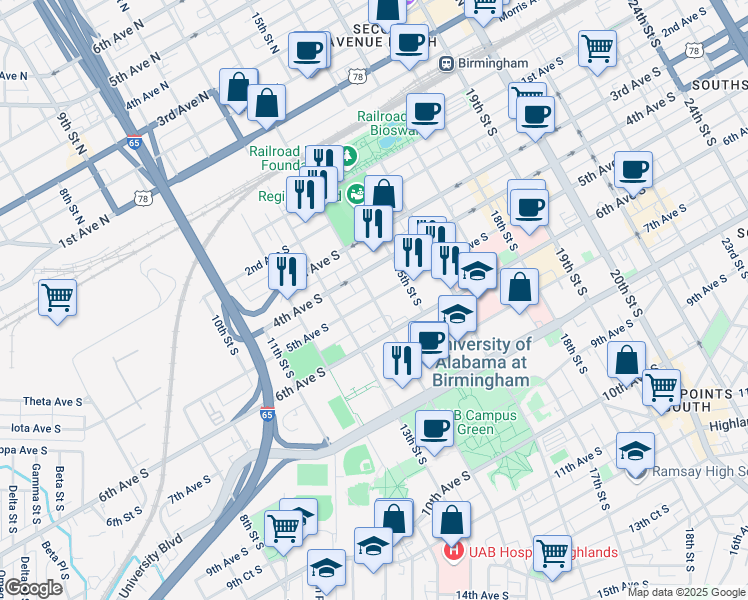 map of restaurants, bars, coffee shops, grocery stores, and more near 501 14th Street South in Birmingham
