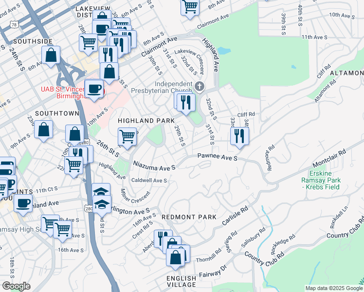 map of restaurants, bars, coffee shops, grocery stores, and more near 1242 29th Street South in Birmingham