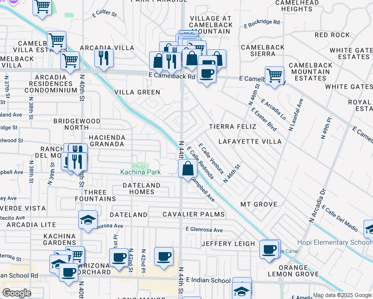 map of restaurants, bars, coffee shops, grocery stores, and more near 4501 East Calle Redonda in Phoenix