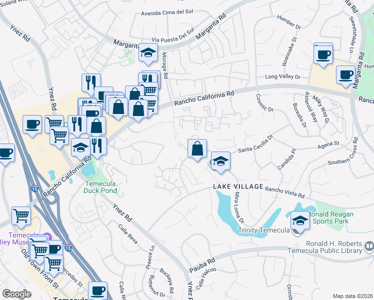 map of restaurants, bars, coffee shops, grocery stores, and more near 29915 Mira Loma Drive in Temecula