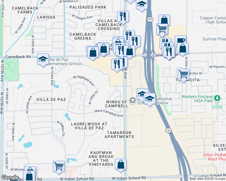 map of restaurants, bars, coffee shops, grocery stores, and more near 10014 West Madrugada Court in Phoenix
