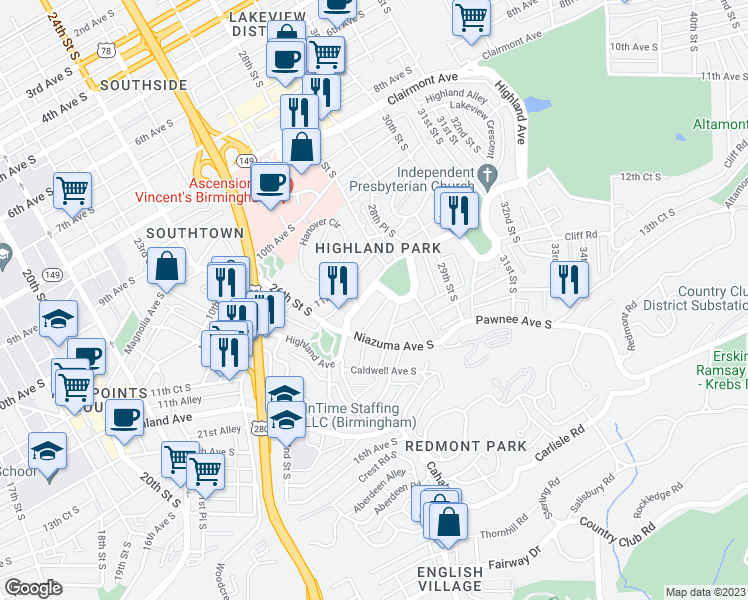 map of restaurants, bars, coffee shops, grocery stores, and more near 2727 Highland Avenue in Birmingham