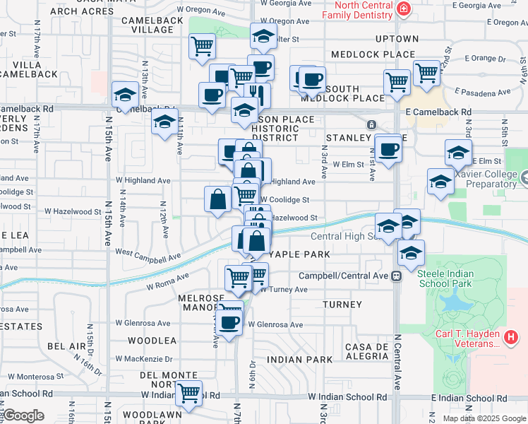 map of restaurants, bars, coffee shops, grocery stores, and more near 640 West Hazelwood Street in Phoenix