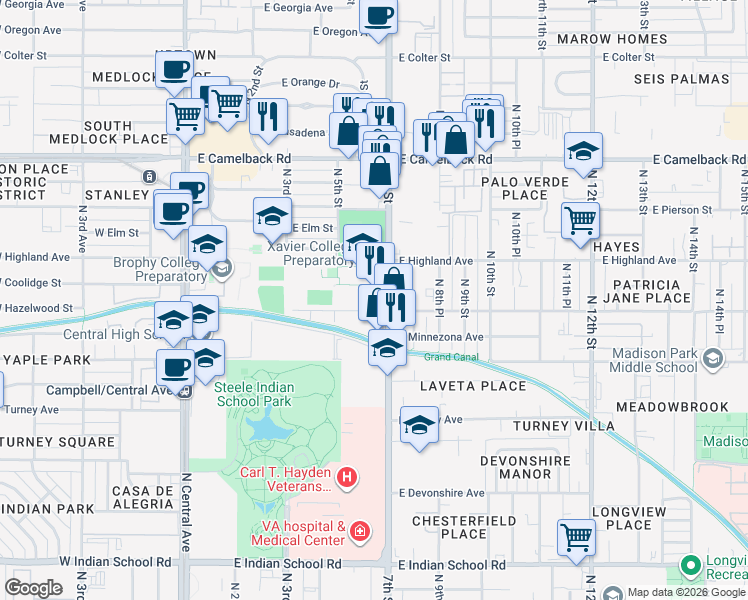 map of restaurants, bars, coffee shops, grocery stores, and more near 4604 North 7th Street in Phoenix