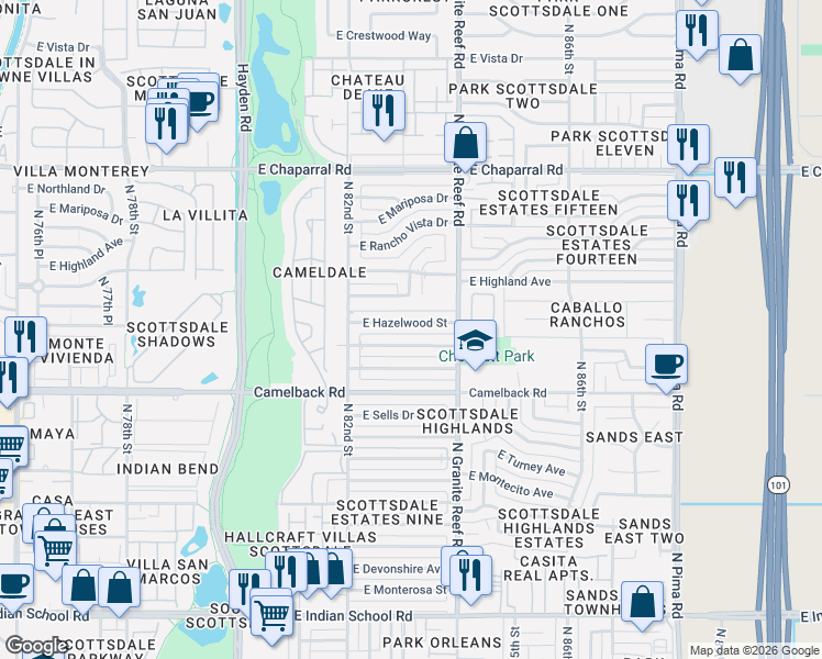 map of restaurants, bars, coffee shops, grocery stores, and more near 8320 East Meadowbrook Avenue in Scottsdale