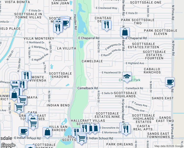 map of restaurants, bars, coffee shops, grocery stores, and more near 8100 East Camelback Road in Scottsdale