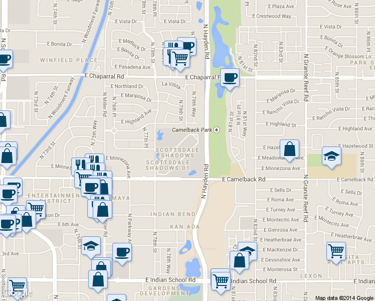 map of restaurants, bars, coffee shops, grocery stores, and more near 7930 East Camelback Road in Scottsdale