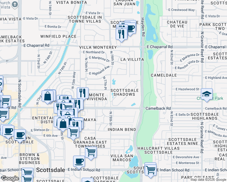map of restaurants, bars, coffee shops, grocery stores, and more near 7761 East Meadowbrook Avenue in Scottsdale