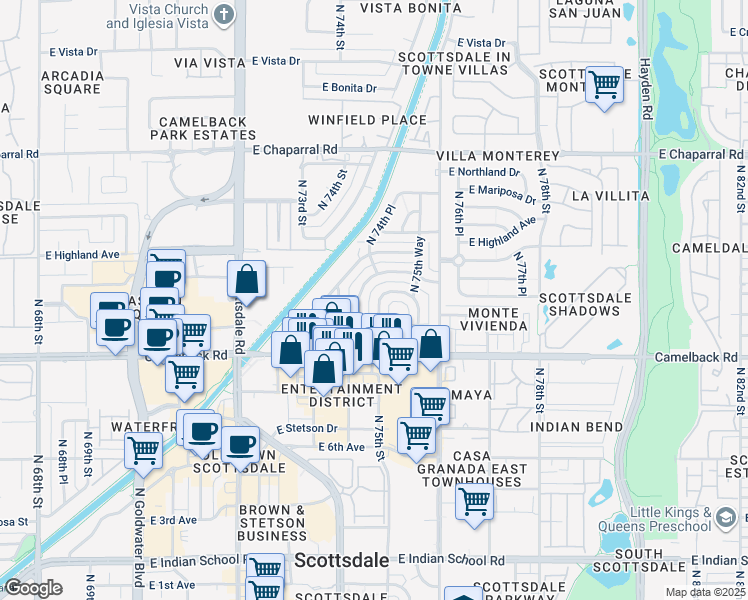 map of restaurants, bars, coffee shops, grocery stores, and more near 4608 North 74th Place in Scottsdale