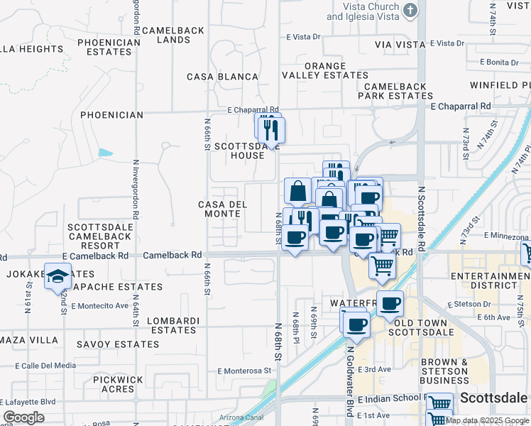 map of restaurants, bars, coffee shops, grocery stores, and more near 4600 North 68th Street in Scottsdale
