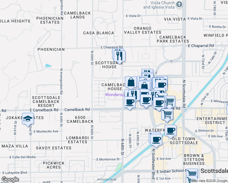map of restaurants, bars, coffee shops, grocery stores, and more near 4600 North 68th Street in Scottsdale