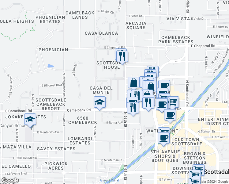 map of restaurants, bars, coffee shops, grocery stores, and more near 4600 North 68th Street in Scottsdale