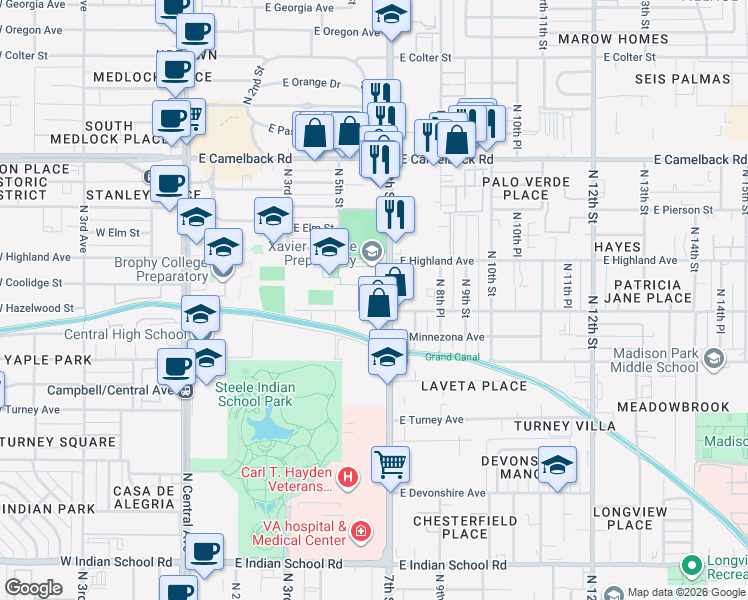 map of restaurants, bars, coffee shops, grocery stores, and more near 4604 North 7th Street in Phoenix