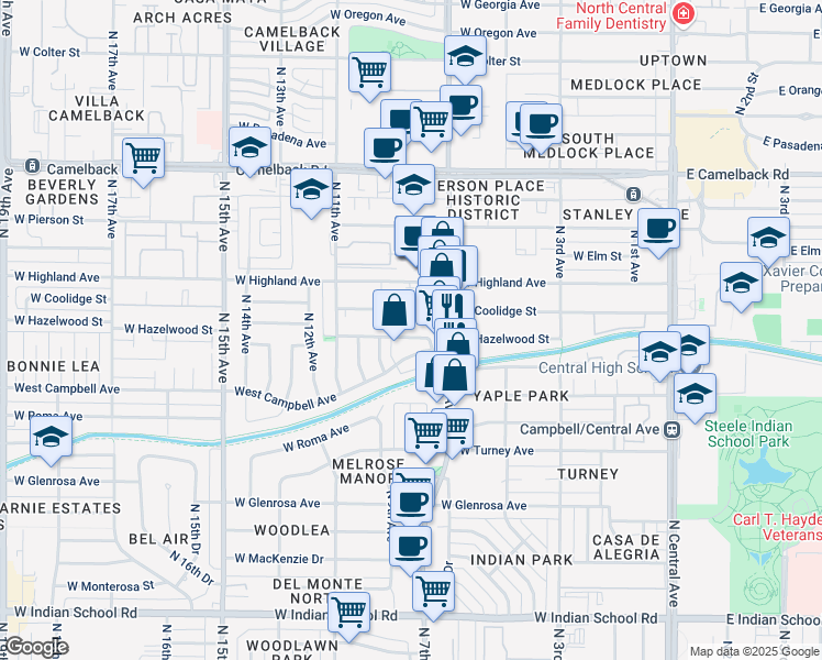 map of restaurants, bars, coffee shops, grocery stores, and more near 722 West Hazelwood Street in Phoenix