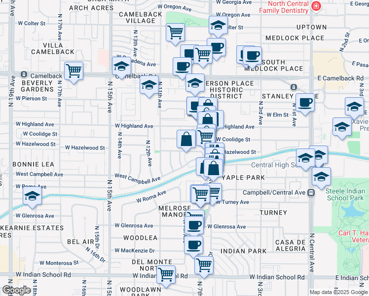 map of restaurants, bars, coffee shops, grocery stores, and more near 722 West Hazelwood Street in Phoenix