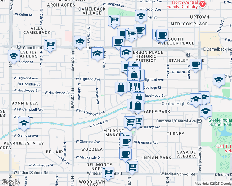 map of restaurants, bars, coffee shops, grocery stores, and more near 4539 North 10th Avenue in Phoenix