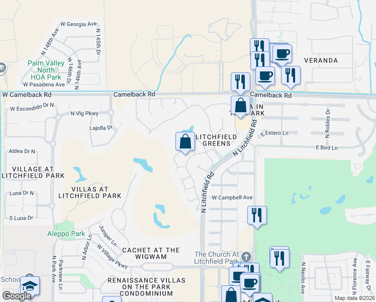 map of restaurants, bars, coffee shops, grocery stores, and more near 14115 West Greenview Circle North in Litchfield Park