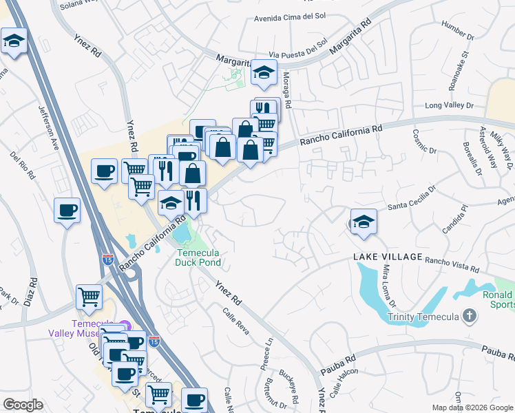 map of restaurants, bars, coffee shops, grocery stores, and more near 29483 Rancho California Road in Temecula