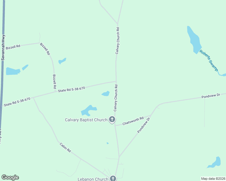 map of restaurants, bars, coffee shops, grocery stores, and more near Calvery Church Road in Neeses
