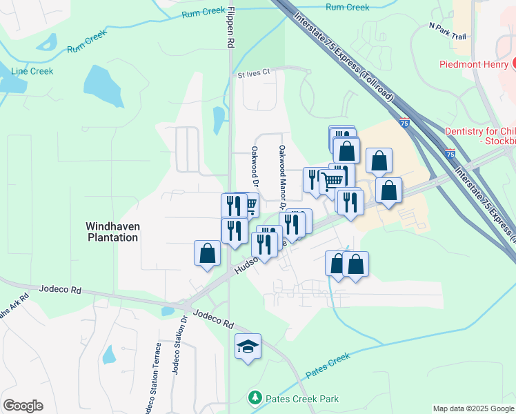 map of restaurants, bars, coffee shops, grocery stores, and more near 2068 Oakwood Drive in Stockbridge