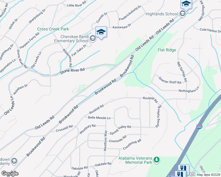 map of restaurants, bars, coffee shops, grocery stores, and more near 3723 Brookwood Road in Birmingham