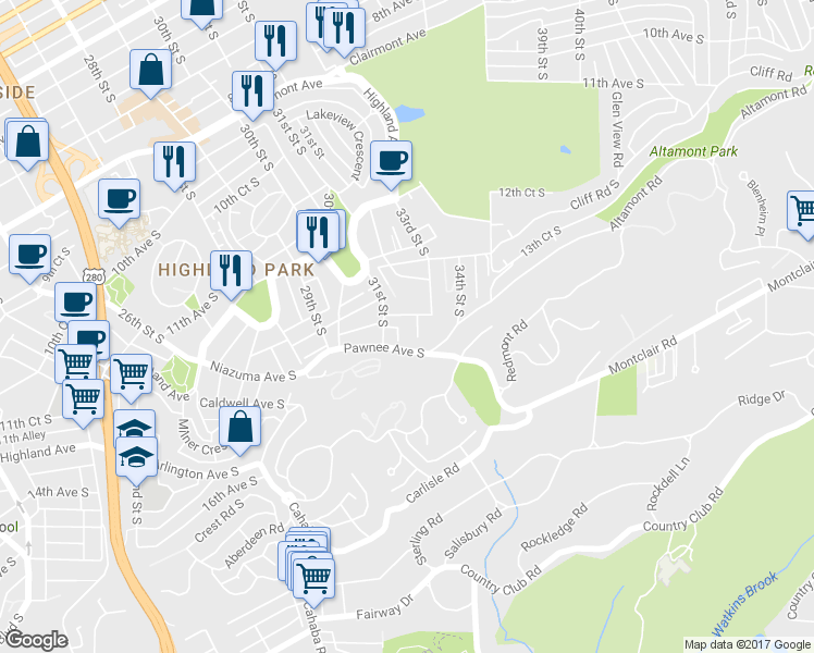 map of restaurants, bars, coffee shops, grocery stores, and more near 1327 31st Street South in Birmingham