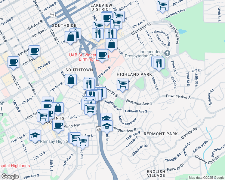 map of restaurants, bars, coffee shops, grocery stores, and more near 2603 11th Avenue South in Birmingham