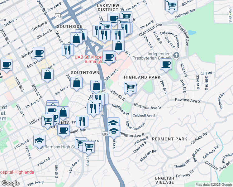 map of restaurants, bars, coffee shops, grocery stores, and more near 1063 24th Street South in Birmingham