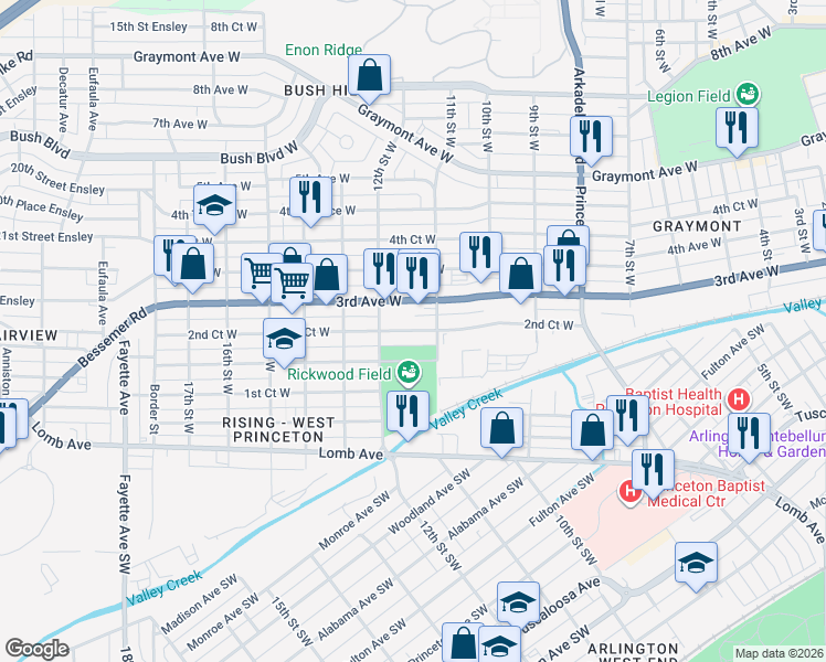 map of restaurants, bars, coffee shops, grocery stores, and more near 1129 2nd Court West in Birmingham