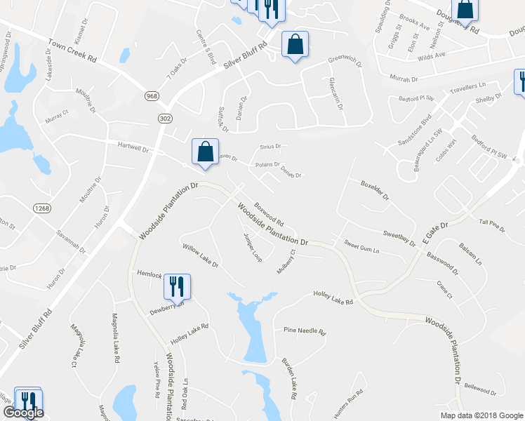 map of restaurants, bars, coffee shops, grocery stores, and more near 220 Boxwood Road in Aiken