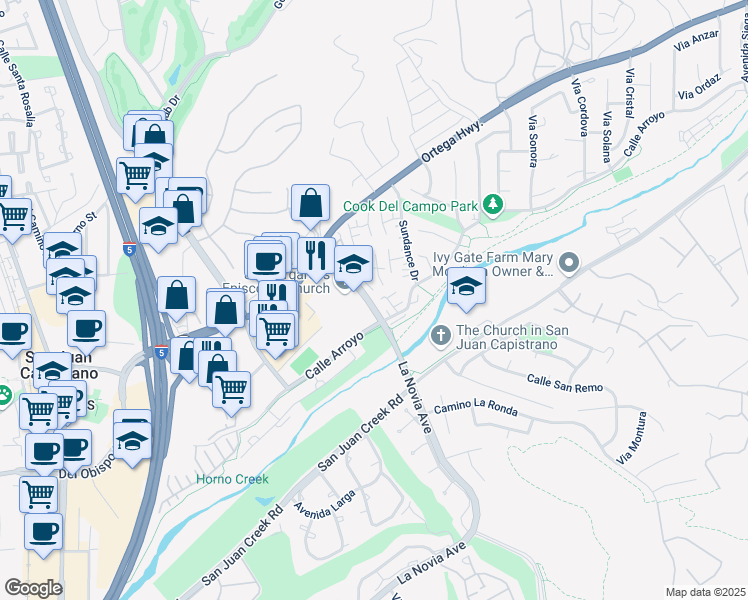 map of restaurants, bars, coffee shops, grocery stores, and more near 31571 Moonglow Lane in San Juan Capistrano