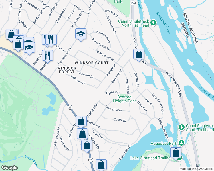 map of restaurants, bars, coffee shops, grocery stores, and more near 906 Bluebird Road in Augusta