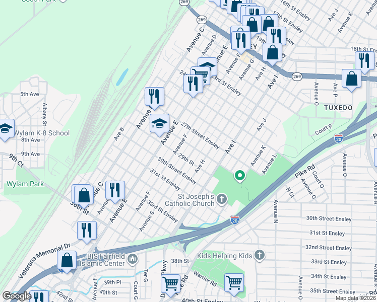 map of restaurants, bars, coffee shops, grocery stores, and more near 2807 Avenue G in Birmingham