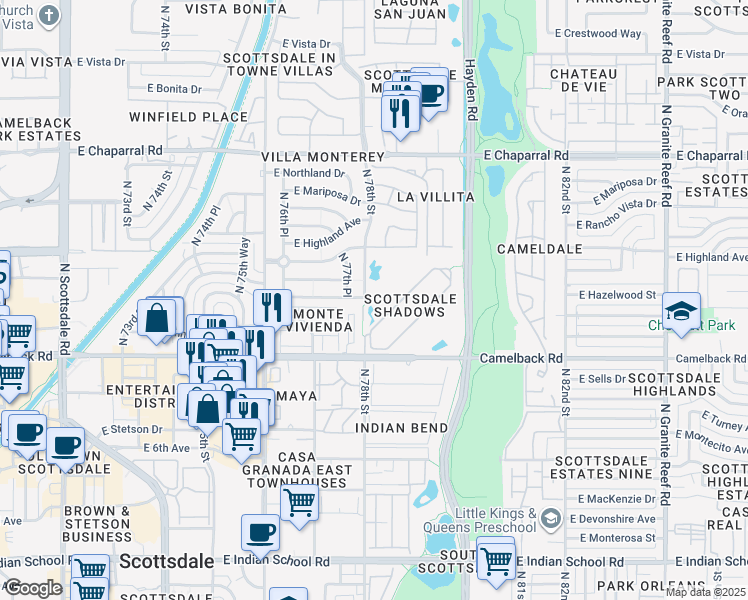map of restaurants, bars, coffee shops, grocery stores, and more near 7761 East Meadowbrook Avenue in Scottsdale