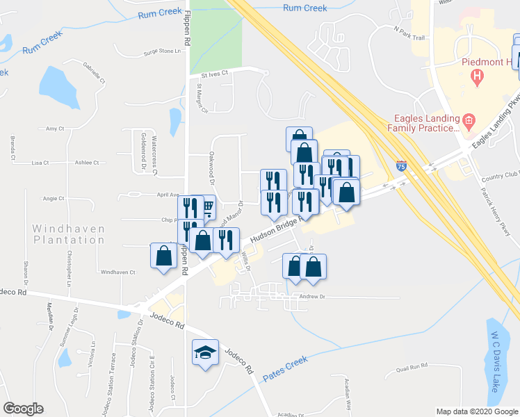 map of restaurants, bars, coffee shops, grocery stores, and more near 130 Oakwood Circle in Stockbridge