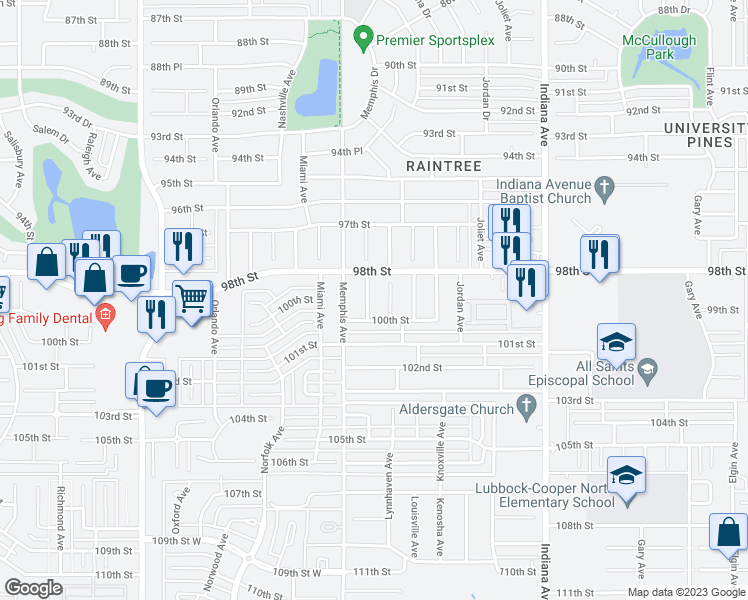 map of restaurants, bars, coffee shops, grocery stores, and more near 9809 Lynnhaven Avenue in Lubbock