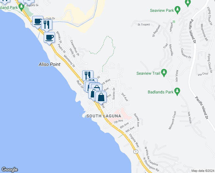 map of restaurants, bars, coffee shops, grocery stores, and more near 31602 Santa Rosa Drive in Laguna Beach