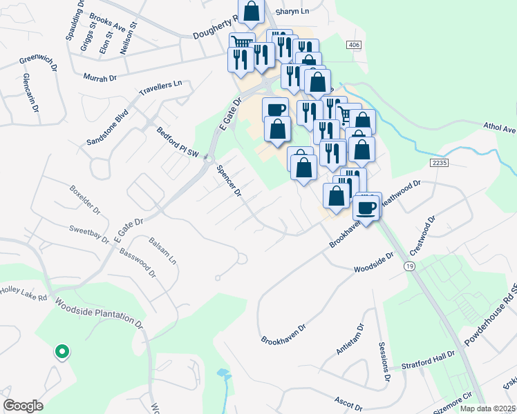 map of restaurants, bars, coffee shops, grocery stores, and more near 117 Portofino Lane Southwest in Aiken