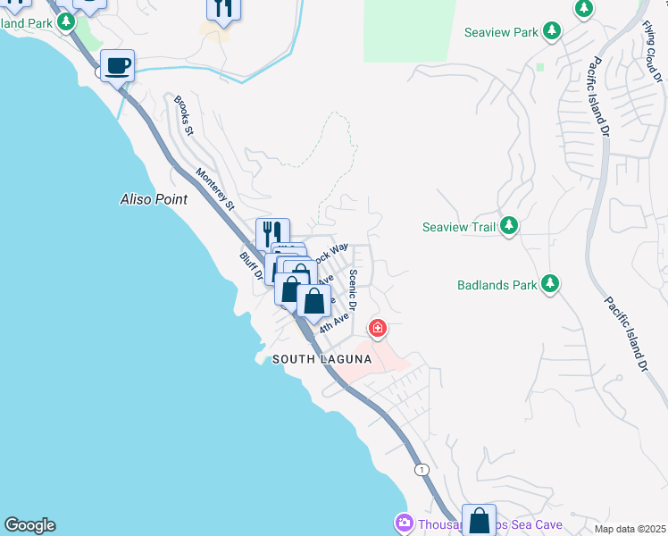 map of restaurants, bars, coffee shops, grocery stores, and more near 31602 Santa Rosa Drive in Laguna Beach