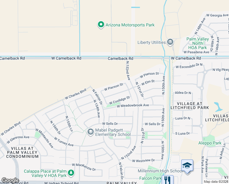 map of restaurants, bars, coffee shops, grocery stores, and more near 15310 West Elm Street in Goodyear