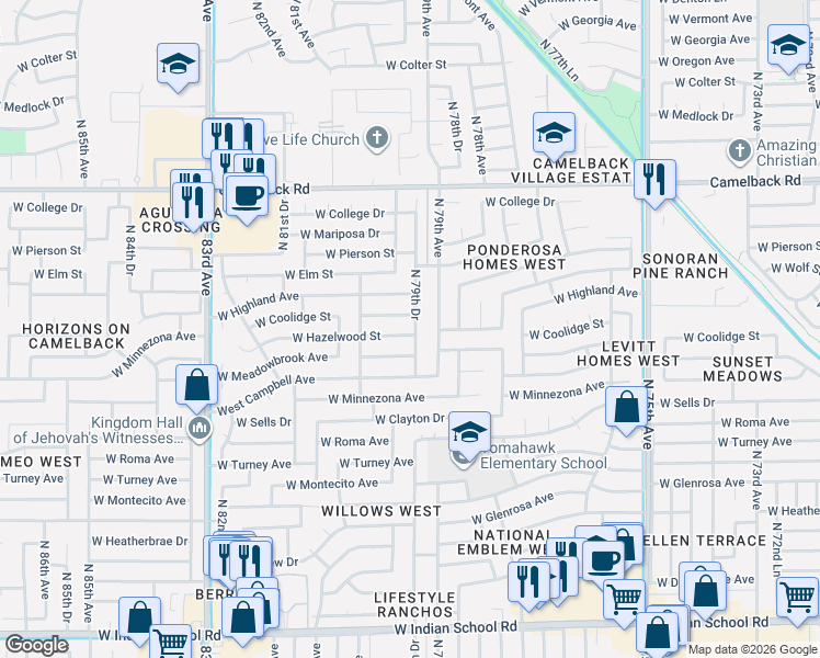 map of restaurants, bars, coffee shops, grocery stores, and more near 7931 West Hazelwood Street in Phoenix