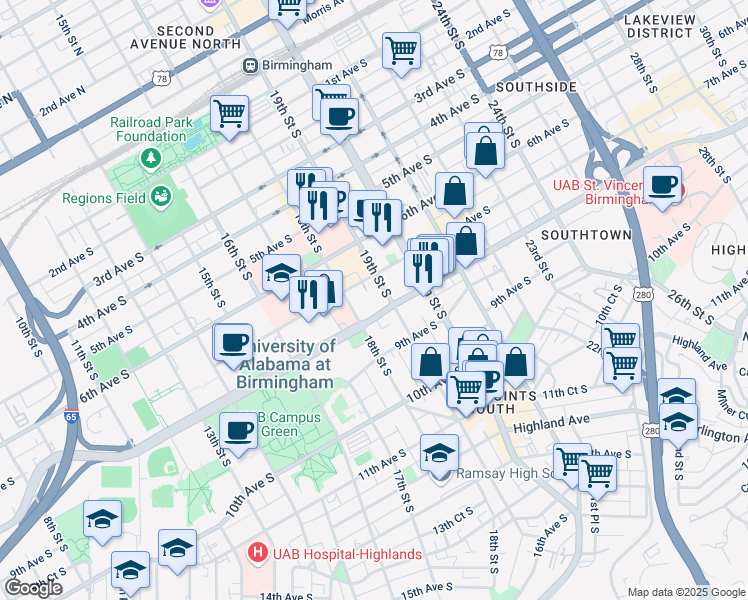 map of restaurants, bars, coffee shops, grocery stores, and more near 700 19th Street South in Birmingham
