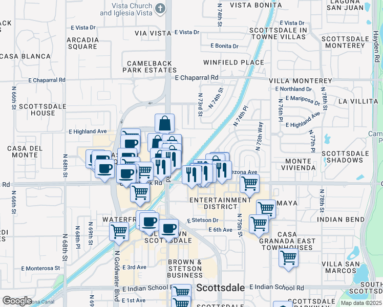 map of restaurants, bars, coffee shops, grocery stores, and more near 4737 North Scottsdale Road in Scottsdale