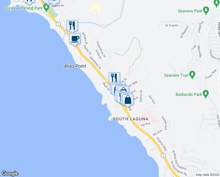 map of restaurants, bars, coffee shops, grocery stores, and more near 31531 Bluff Drive in Laguna Beach