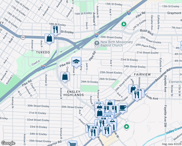 map of restaurants, bars, coffee shops, grocery stores, and more near 2112 25th Street Ensley in Birmingham